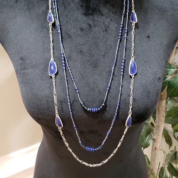 Womens Fashion Black Blue Rhinestones Long Collar Necklace with Lobster Clasp - Picture 1 of 7